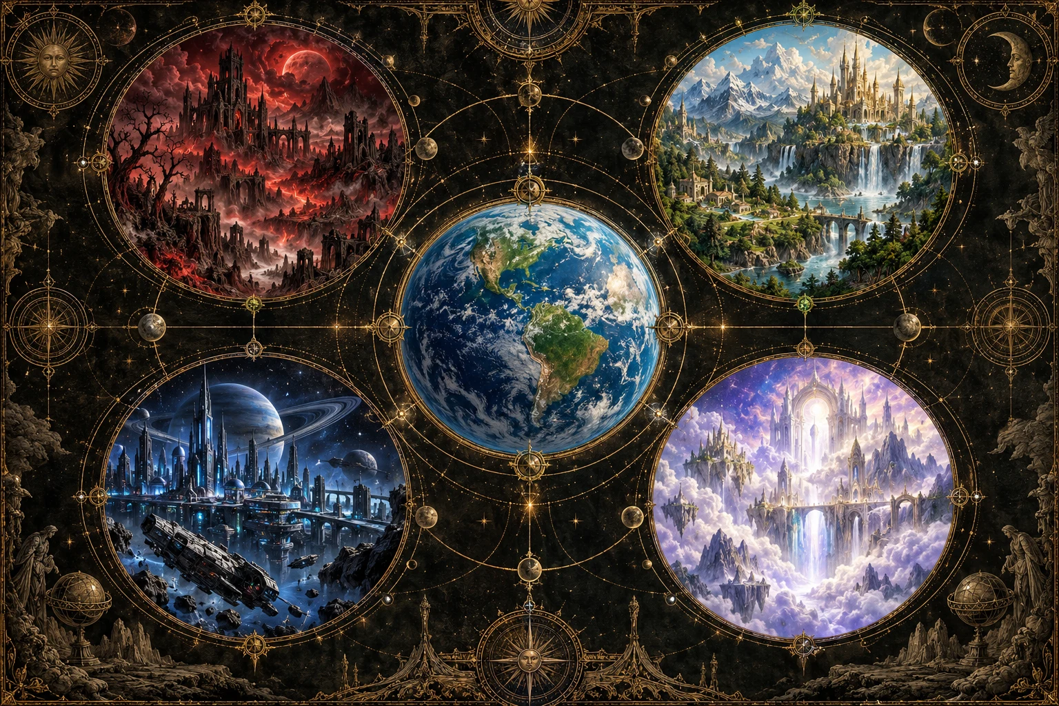 Earth surrounded by the realms of horror, fantasy, science and spirit