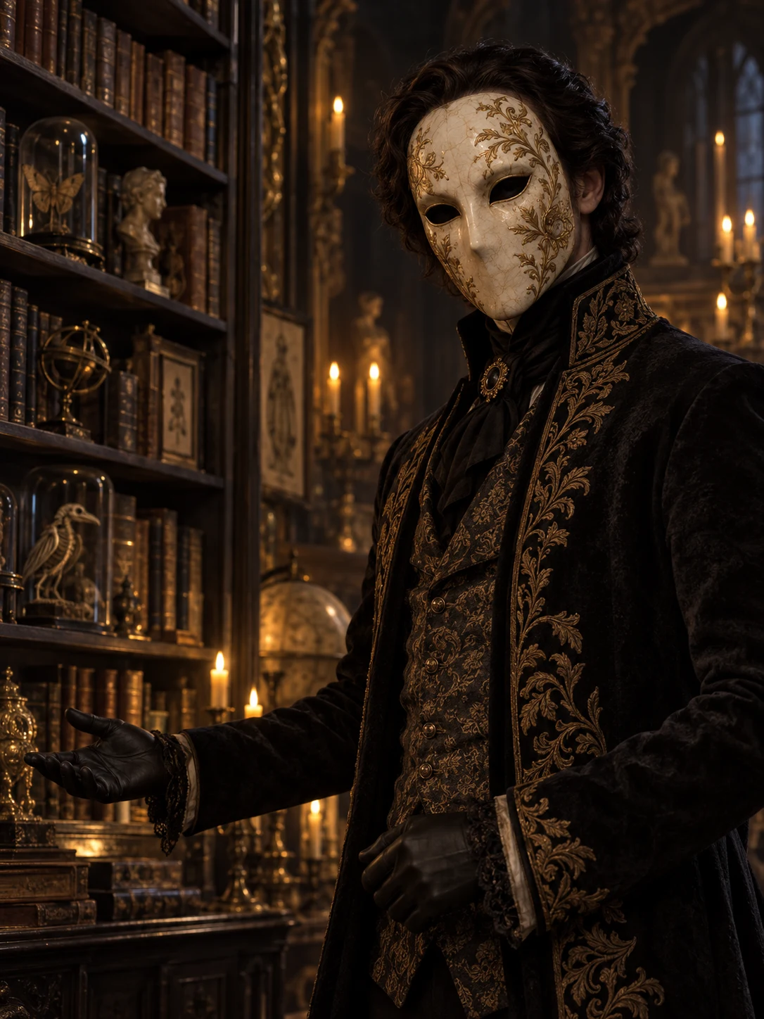 The Curator in an ivory mask and embroidered coat